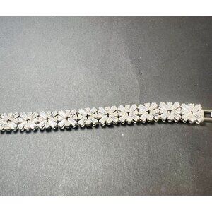 Vtg Silver-Tone Pronged Baguette Round Rhinestone Flower Link Bracelet Art Deco